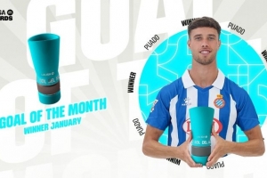 官方：西班牙人前锋普阿多的凌空抽射当选西甲1月最佳进球