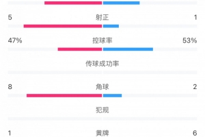 申花和国安各有20次犯规，黄牌数为1比6