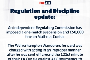 英足总官方：库尼亚被罚下时行为不当，被追加禁赛一场+罚款5万镑