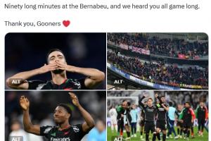 回击皇马！枪手官推：在伯纳乌漫长的90分钟里都听到了枪手的声音