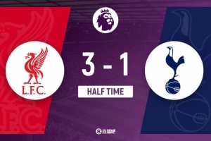 半场-利物浦暂3-1热刺 迪亚斯&加克波破门麦卡利斯特爆射建功