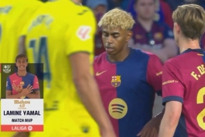 1进球+7过人成功，亚马尔当选巴萨2-3比利亚雷亚尔一役全场最佳