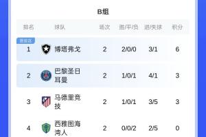 世俱杯B组：博塔弗戈领跑，巴黎跌至第二，末轮马竞背水一战！