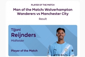 传射建功，官方：赖因德斯当选曼城vs狼队全场最佳球员