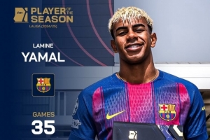 35场9球15助攻！德转官方：18岁巴萨边锋亚马尔获评上赛季西甲MVP