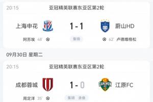 从0分到5分！中超前三本轮亚冠精英联赛1胜2平，首轮3队全败